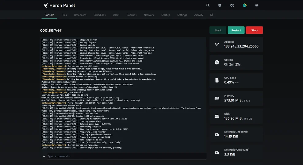 Live Console ยท Server Heron game server control panel